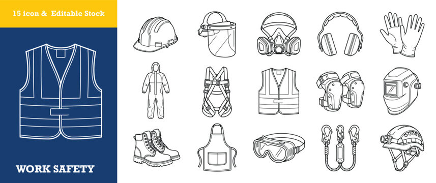 Personal protection equipment icons set featuring headwear gear and site safety accessories.
