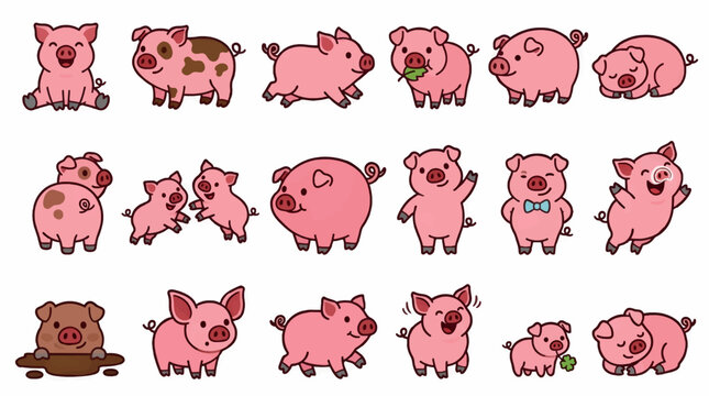 Cute Flat Pink Pig Illustrations Set with Various Poses and Expressions, Including Mud Bath and Clover, Vector Graphic Elements