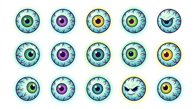 Collection of cartoon eyeballs with different expressions and colors.