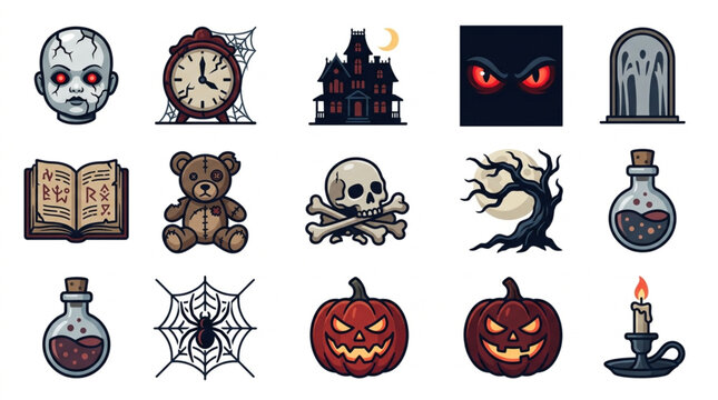 Halloween Icons Collection Pixel Art Style.