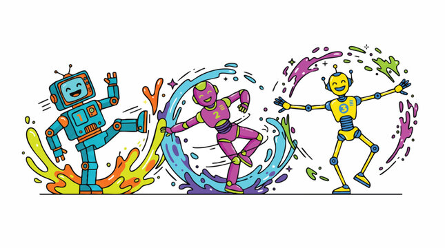 Cartoon robot legs walking through bright liquid slime on white background
