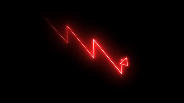 Negative trend shows by glowing red neon arrow graph moving downward, financial decline animation on transparent background, perfect for economic crisis, stock market, or business themes