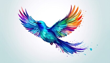 Fototapeta premium A vibrant bird in flight, its wings displaying a rainbow of colors against a white background