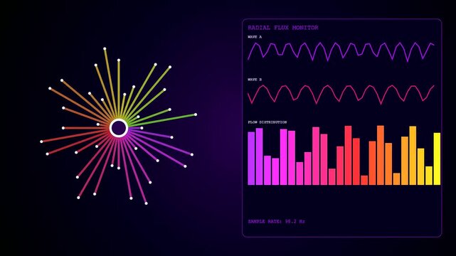 This futuristic interface displays a dynamic realtime trend visualization with pulsing radial sound waves and colorful bar charts animating across a dark digital screen