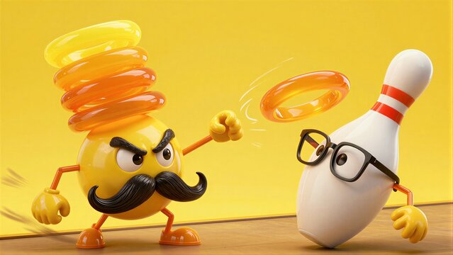 Yellow cartoon character with mustache punches bowling pin wearing glasses.