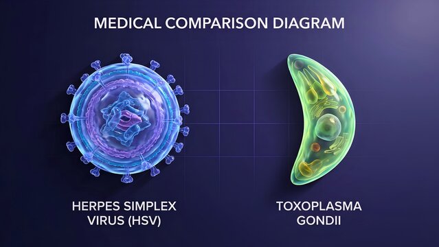 Herpes Simplex Virus vs Toxoplasma Gondii: Microscopic Comparison Diagram