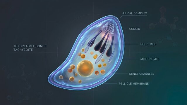 Toxoplasma gondii Tachyzoite Structure: Apical Complex, Conoid, Rhoptries, Micronemes, Dense Granules
