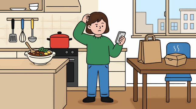 Confused Person Holding Smartphone in Kitchen with Takeout Food and Home Cooked Meal, Flat Vector Illustration