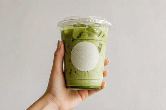 Close up of a hand holding an iced matcha green tea latte in a plastic takeaway cup with a blank white round label. Mockup for cafe branding and logo presentation on neutral background.