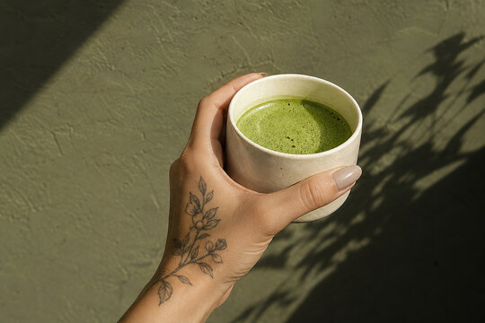 Close-up of tattooed hand holding a cup of frothy matcha latte. Aesthetic minimalist scene with dramatic sunlight and leaf shadows on olive green wall background. Zen wellness and modern lifestyle.