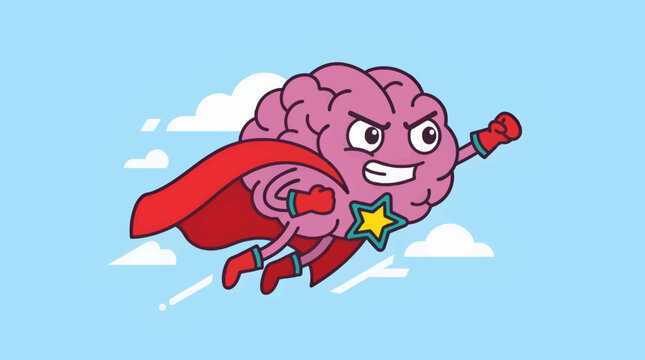 Cartoon Brain Character as Superhero Flying Through Blue Sky with Clouds, Flat Design Illustration, Pink Brain with Red Cape and Gloves, Yellow Star Emblem