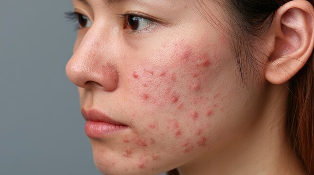 acne on woman face with rash skin, scar, and red skin syndrome allergic to cosmetics, use steroids, dermatology, inflammation, infection, hygiene