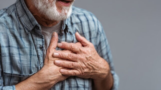 hand hold chest with heart attack symptoms, have chest pain caused by heart disease, leak, dilatation, enlarged coronary heart, press on the chest with a painful expression