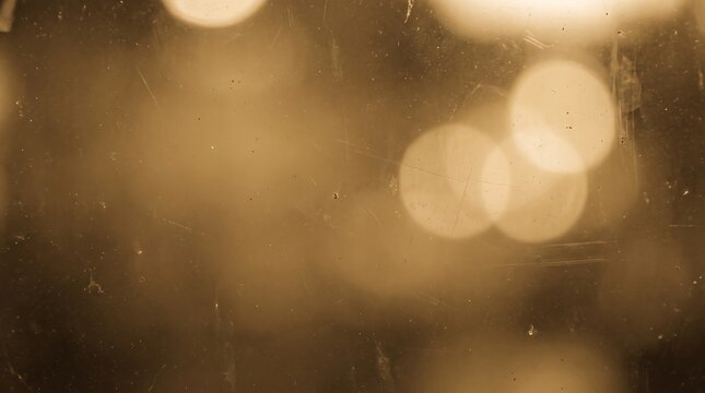 Abstract golden bokeh background featuring blurred round lights and vintage scratched glass texture for professional artistic graphic design projects