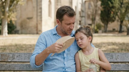 Fototapeta premium A father fans his daughter on a park bench, providing comfort and care under the warm sun. The scene depicts a loving familial bond amid an outdoor setting, evoking feelings of warmth and tenderness