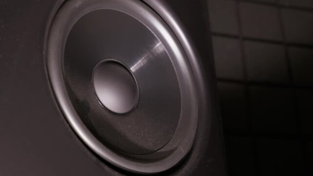 A macro close-up showcases a professional black loudspeaker driver, its cone catching soft dramatic lighting. A dark acoustic panel background provides contrast, highlighting the intricate details of