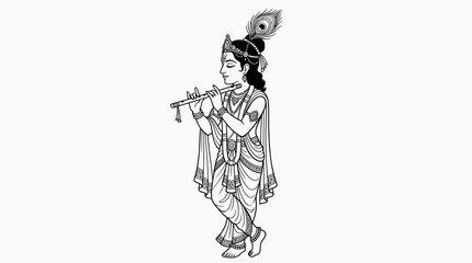 Fototapeta premium Lord Krishna line art playing flute with peacock feather