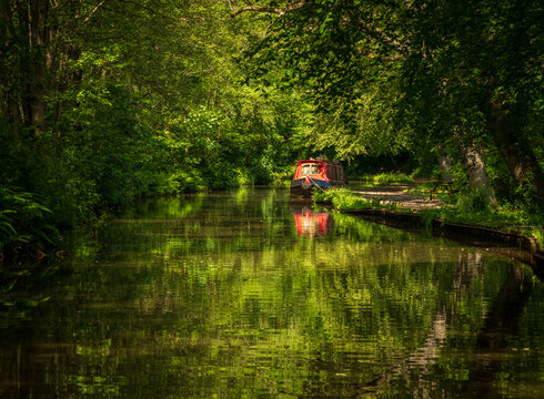 A tranquil narrowboat docked along the towpath on the historic Llangollen Canal, surrounded by lush green foliage and sun-dappled water.