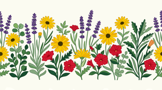 Flat Design Botanical Wildflower Border with Yellow Daisies, Red Petunias, and Purple Lavender Sprigs on White Background, Seamless Pattern Vector Illustration