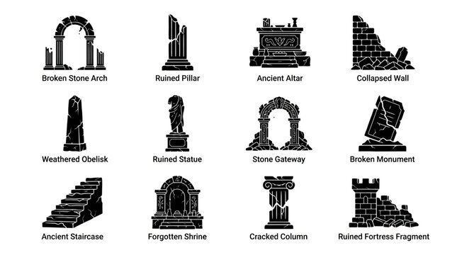 Broken stone architectural fragments icons.