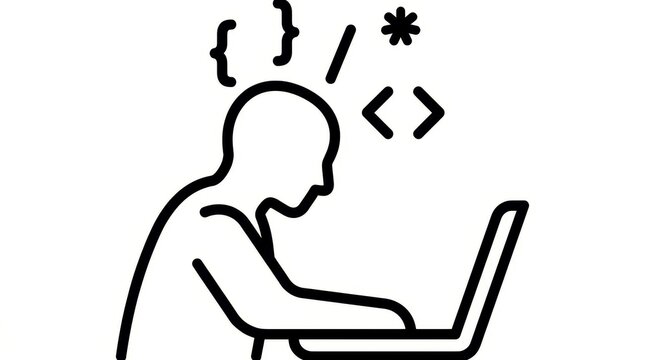 Programming - Developer Coding on Laptop with Code Symbols Floating Above Head Concept Icon Illustration