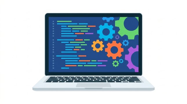 Software Development - Colorful Code Editor with Gears on Laptop Screen Flat Design Vector Illustration
