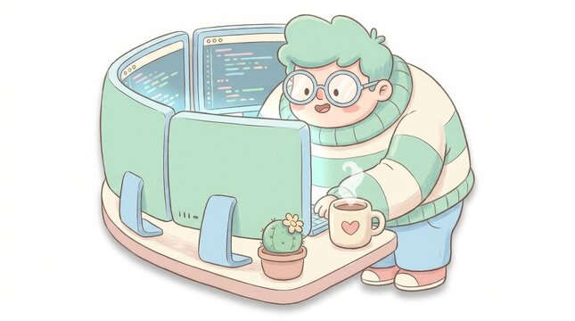 Technology - Cute Cartoon Programmer Working at Multi Monitor Desk Setup with Coffee and Cactus Plant