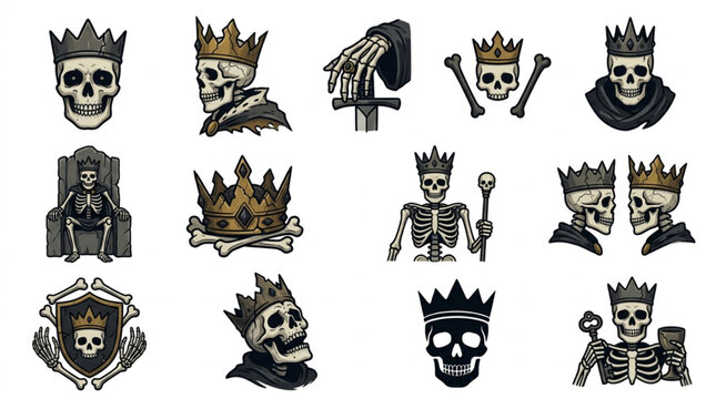 Collection of Skulls and Skeletons with Crowns and Royal Symbols.