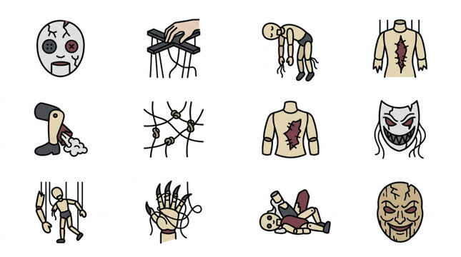 Collection of creepy and spooky cartoon icons representing dolls and puppets.
