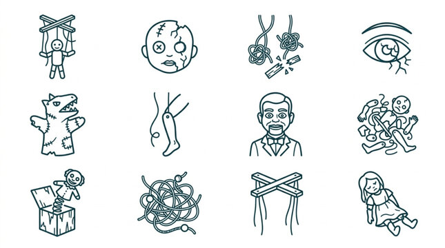 Collection of hand-drawn icons representing dolls and puppets.