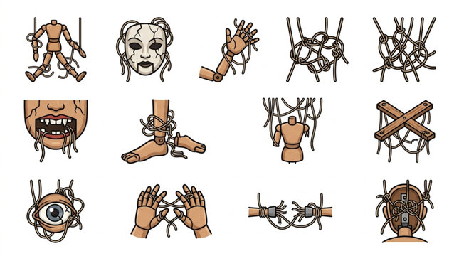 Collection of creepy puppet and control elements for design.