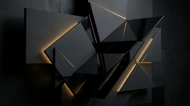 Geometric wall installation showcases intersecting dark panels and illuminated triangular segments in a dim environment.