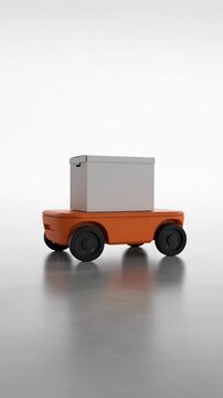 Autonomous orange delivery robot carrying cargo box in studio setting.