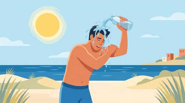 A man on the beach pouring water over his head to cool off from the intense summer sun, with the ocean and a distant town in the background