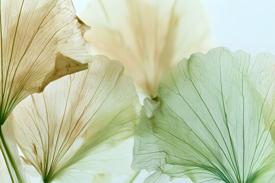 A nature abstract focusing on flower petals with a backdrop of beige, transparent leaves featuring natural texture. Macro photography captures the leaf veins and overall aesthetic, reminiscent of bota