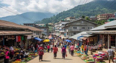 Fototapeta premium Bustling Mountain Town Market Scene with Shoppers and Stalls.