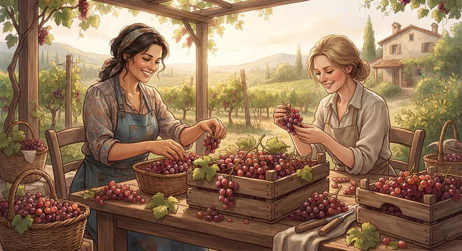Two women harvesting grapes at a vineyard table