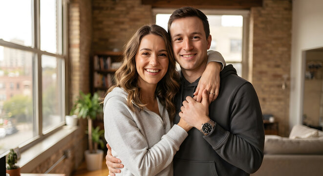 A happy young couple embracing in their sunlit loft apartment
