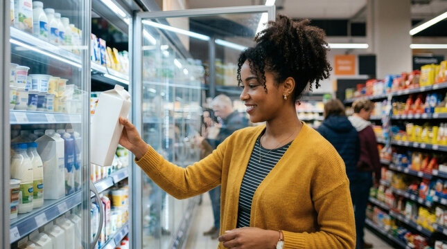 Woman choosing dairy products from a refrigerated display case in a supermarket