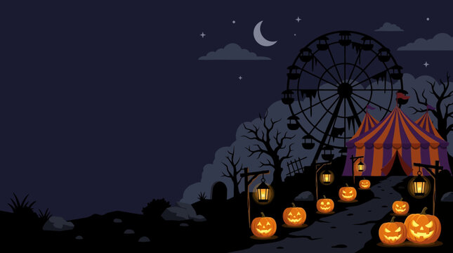 Creepy Halloween carnival background with ferris wheel circus tent and glowing pumpkins at night