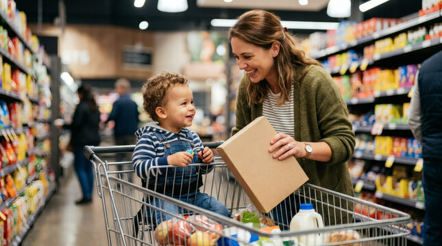 Mother and child happily shopping for groceries in a supermarket aisle