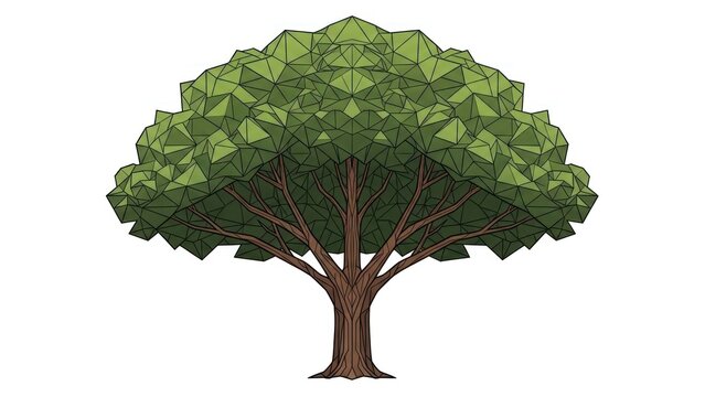 Geometric tree illustration with green foliage on white background