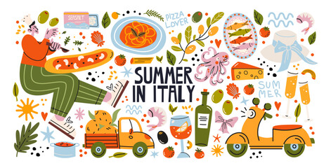 Italian food and culture stickers set in retro cartoon style.La dolce vita elements: pizza, pasta, wine, tomato. Illustration in funky, doodle style, trendy Amalfi coast labels set. © Limpreom