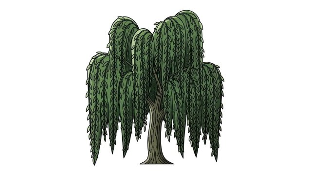 Illustrated weeping willow tree against a white background for creative design
