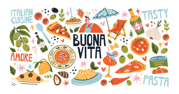 Italian food and culture stickers set in retro cartoon style.La dolce vita elements: pizza, pasta, wine, tomato. Illustration in funky, doodle style, trendy Amalfi coast labels set.