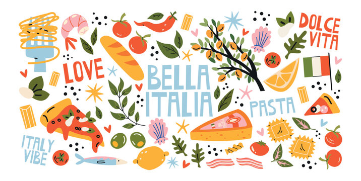 Italian food and culture stickers set in retro cartoon style.La dolce vita elements: pizza, pasta, wine, tomato. Illustration in funky, doodle style, trendy Amalfi coast labels set.