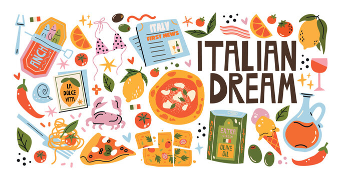 Italian food and culture stickers set in retro cartoon style.La dolce vita elements: pizza, pasta, wine, tomato. Illustration in funky, doodle style, trendy Amalfi coast labels set.