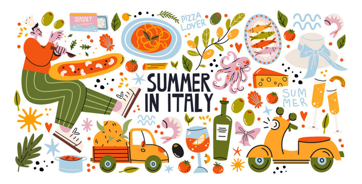 Italian food and culture stickers set in retro cartoon style.La dolce vita elements: pizza, pasta, wine, tomato. Illustration in funky, doodle style, trendy Amalfi coast labels set.