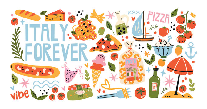 Italian food and culture stickers set in retro cartoon style.La dolce vita elements: pizza, pasta, wine, tomato. Illustration in funky, doodle style, trendy Amalfi coast labels set.