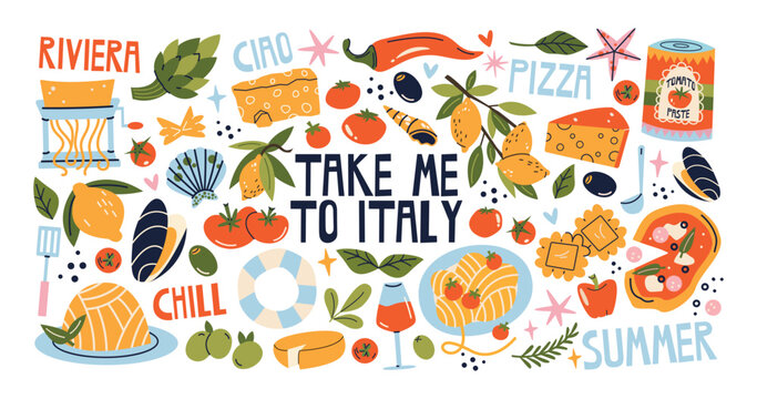 Italian food and culture stickers set in retro cartoon style.La dolce vita elements: pizza, pasta, wine, tomato. Illustration in funky, doodle style, trendy Amalfi coast labels set.